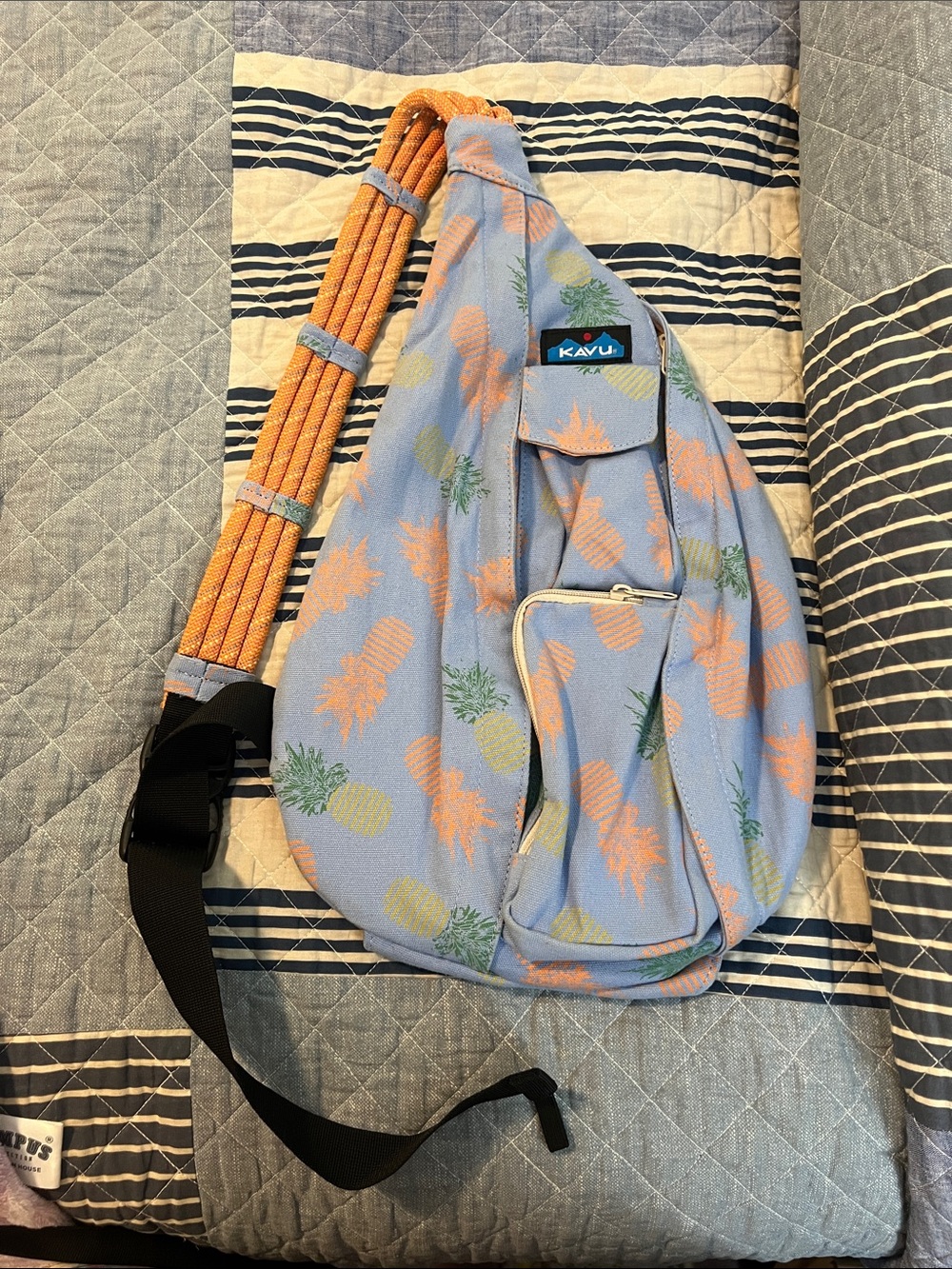 Kavu Pineapple Print Rope Sling Bag in Purplish/Blue with Peach and Green